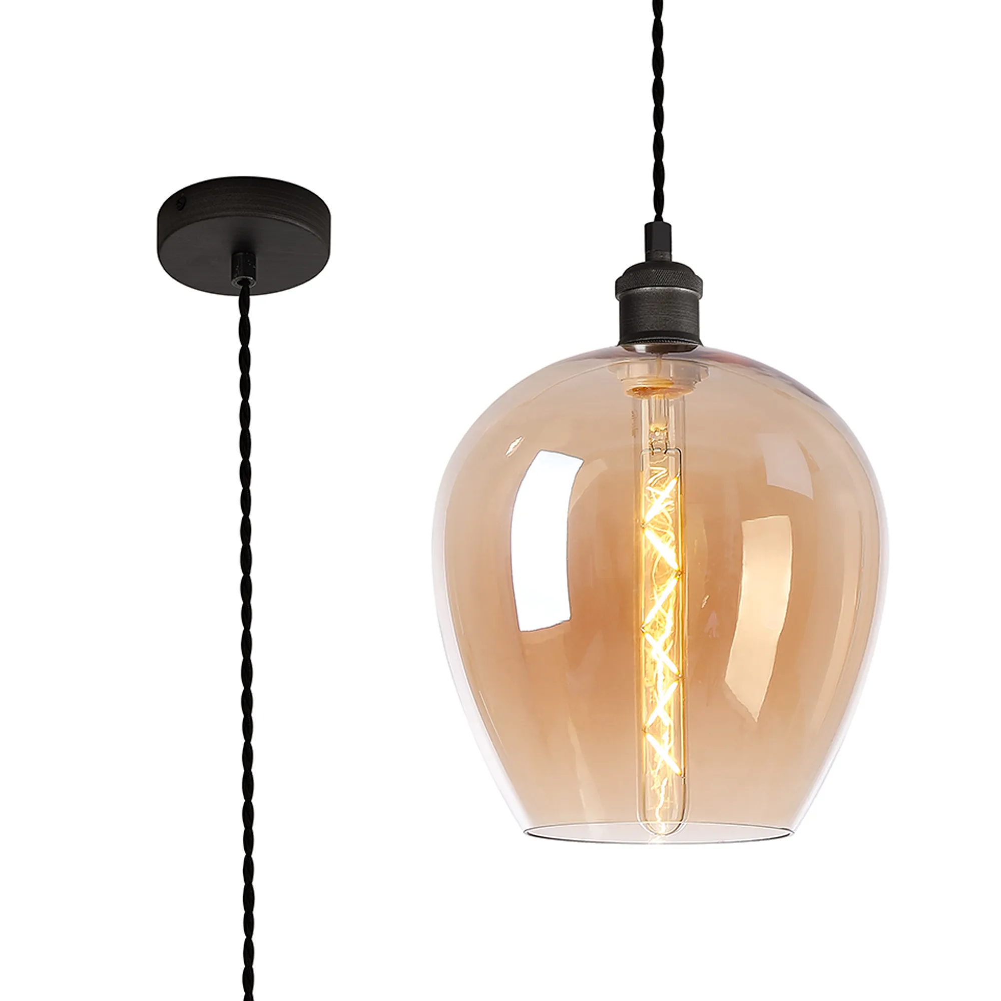 DK1111  Cawdor Single Pendant, 1 Light E27, Pewter/Dark Grey/Amber Wine Glass